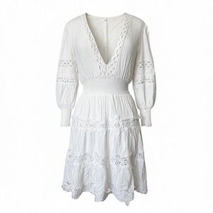 CBR White Eyelet Crochet Fit and Flare Dress Cottagecore Prairie Puff Sleeve
